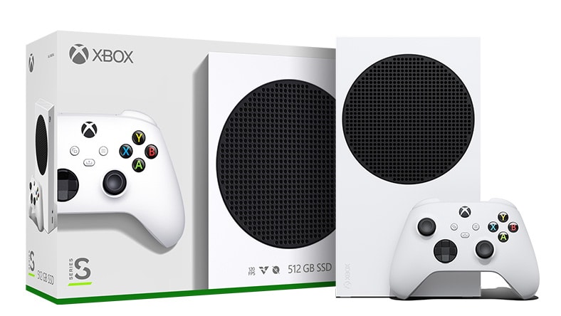 a xbox series s with its box and controller
